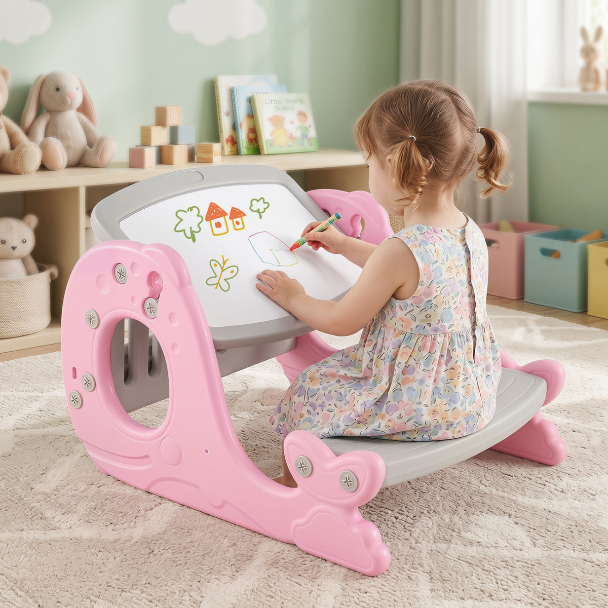 Kids Activity Table Set Toddler Easel, Whiteboard, Pink