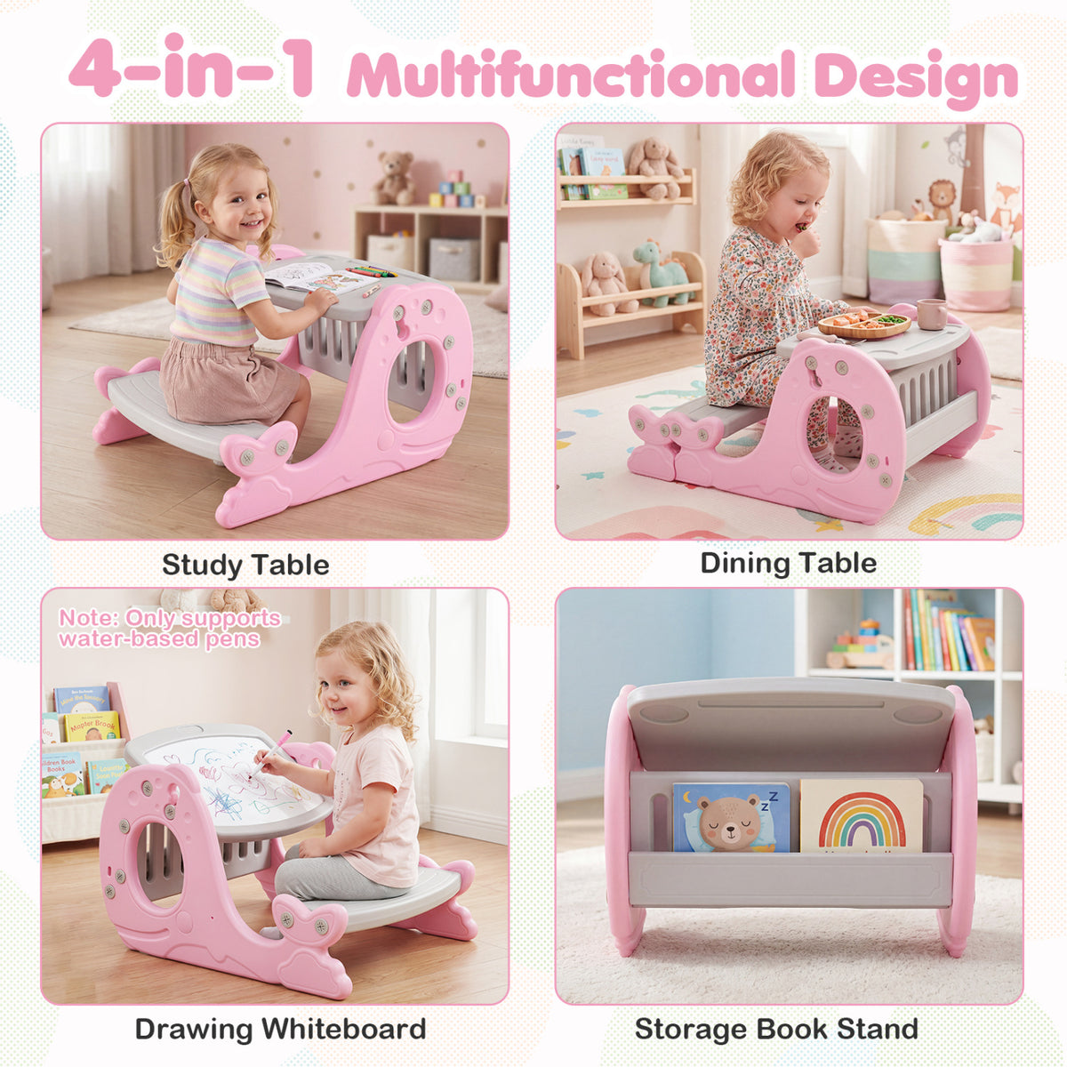 Kids Activity Table Set Toddler Easel, Whiteboard, Pink