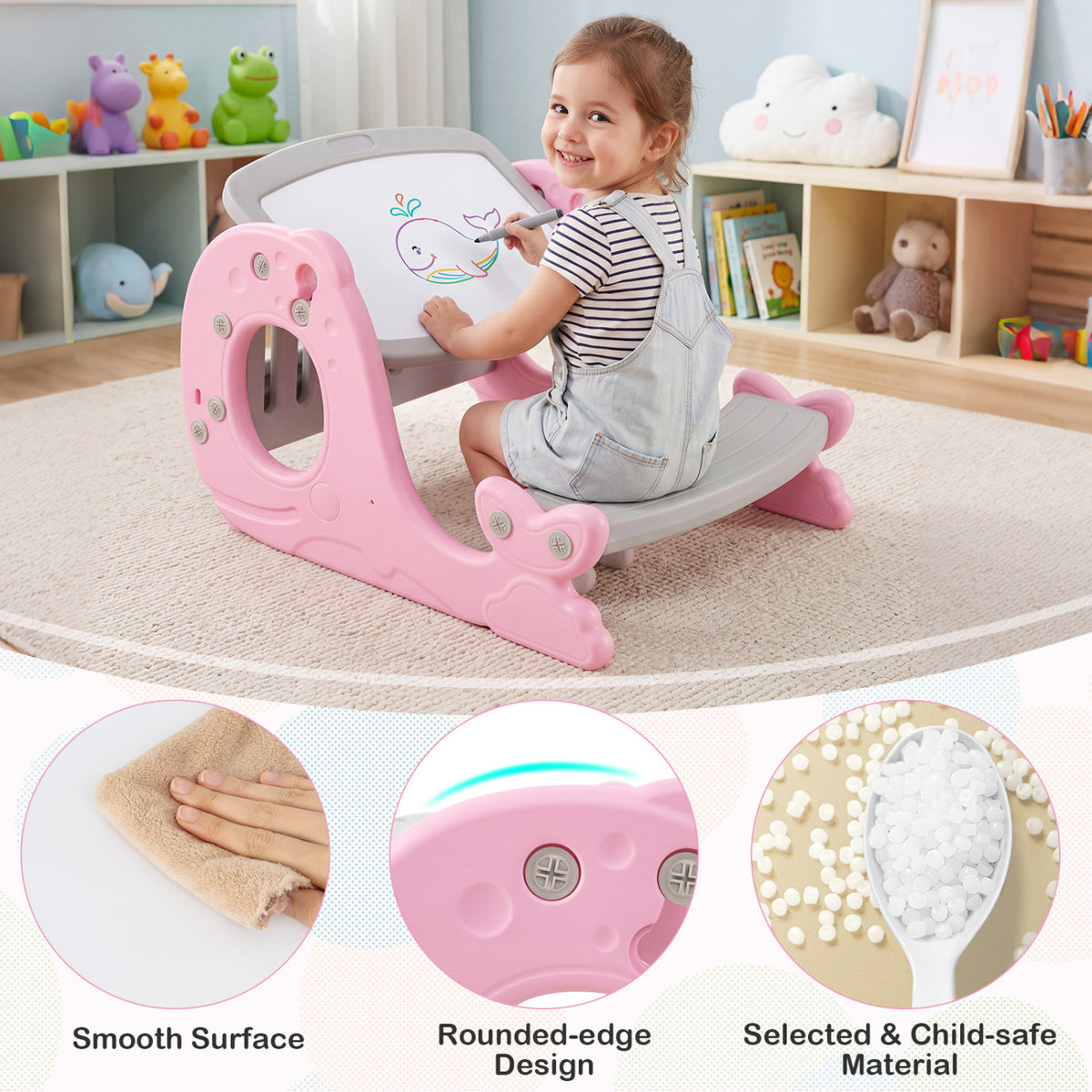 Kids Activity Table Set Toddler Easel, Whiteboard, Pink