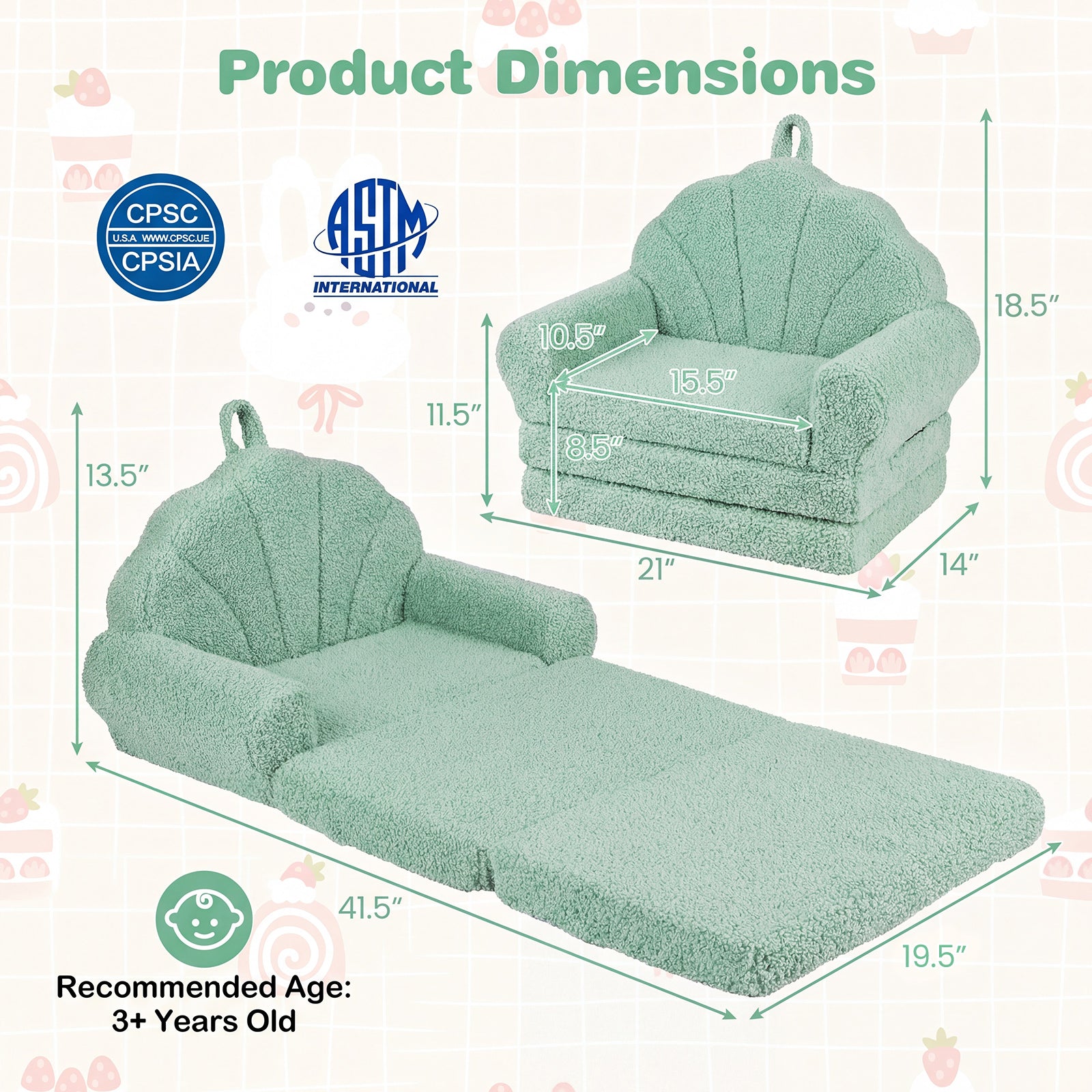 Convertible Kids Sofa, 2-In-1 Fold Out Toddler Couch Chair, Green Kids Chairs & Seating at Gallery Canada