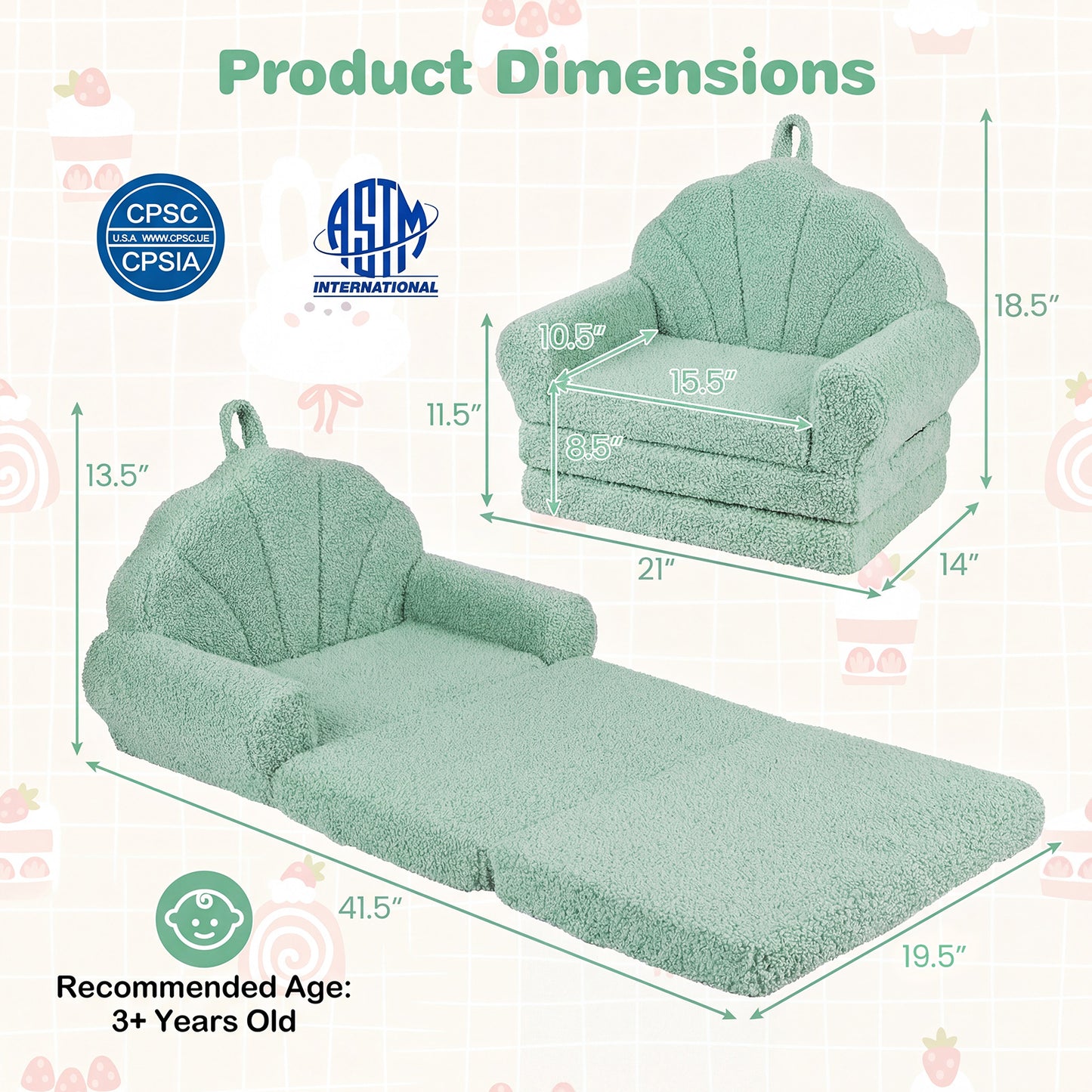 Convertible Kids Sofa, 2-In-1 Fold Out Toddler Couch Chair, Green Kids Chairs & Seating at Gallery Canada