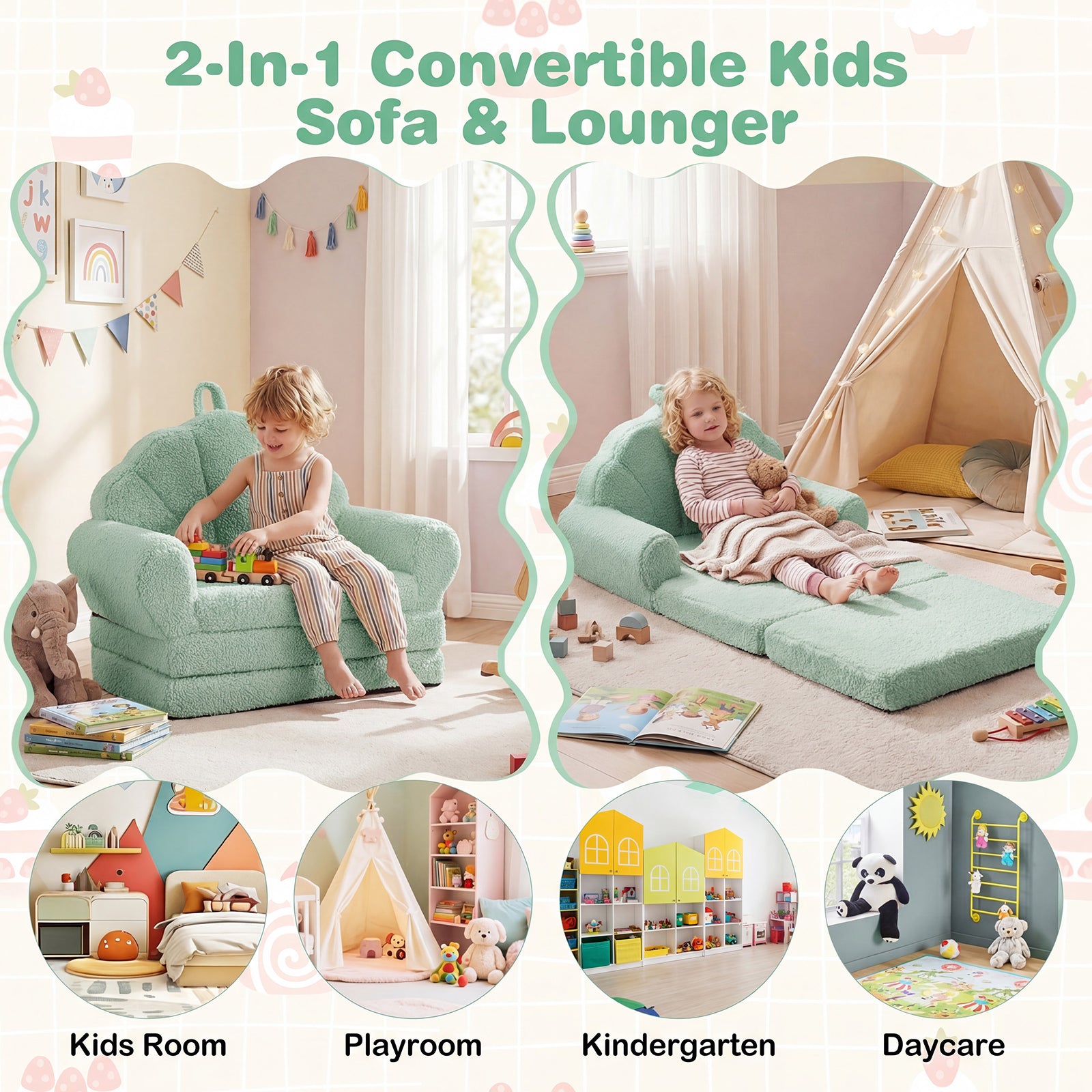 Convertible Kids Sofa, 2-In-1 Fold Out Toddler Couch Chair, Green Kids Chairs & Seating at Gallery Canada