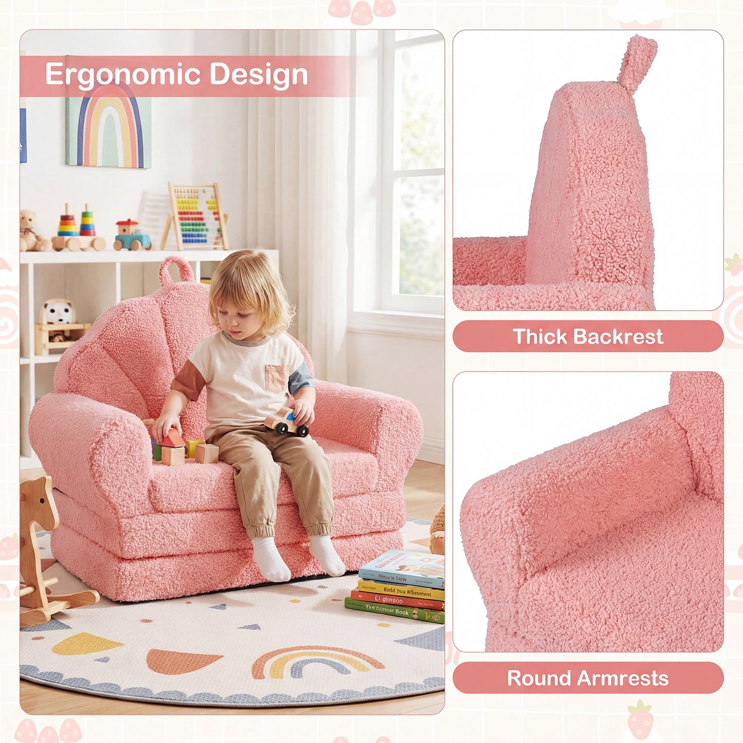 Convertible Kids Sofa, 2-in-1 Fold Out Toddler Couch Chair, Pink Kids Chairs & Seating at Gallery Canada