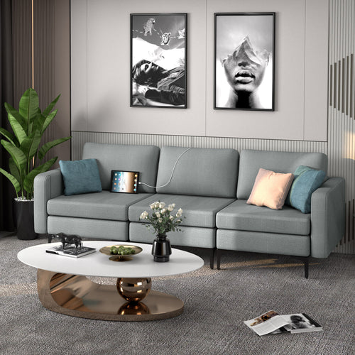 Convertible Leather Sofa Couch with Magazine Pockets 3-Seat with 2 USB Port, Dark Gray