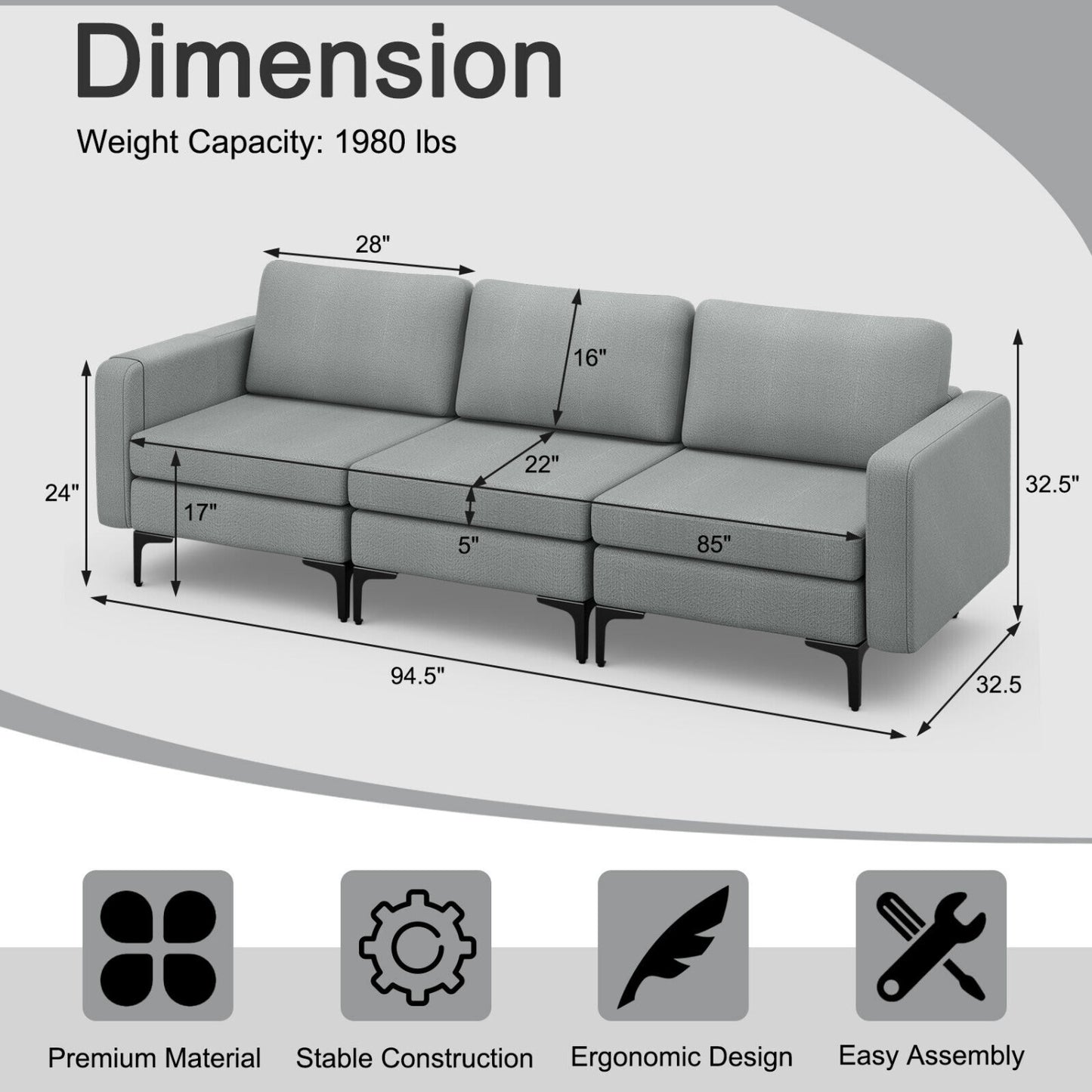 Convertible Leather Sofa Couch with Magazine Pockets 3-Seat with 2 USB Port, Dark Gray Sofas & Loveseats at Gallery Canada