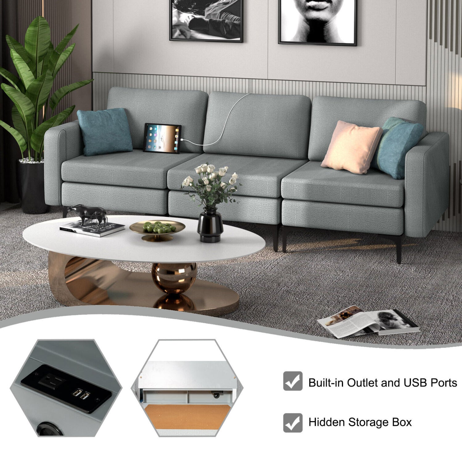 Convertible Leather Sofa Couch with Magazine Pockets 3-Seat with 2 USB Port, Dark Gray Sofas & Loveseats at Gallery Canada