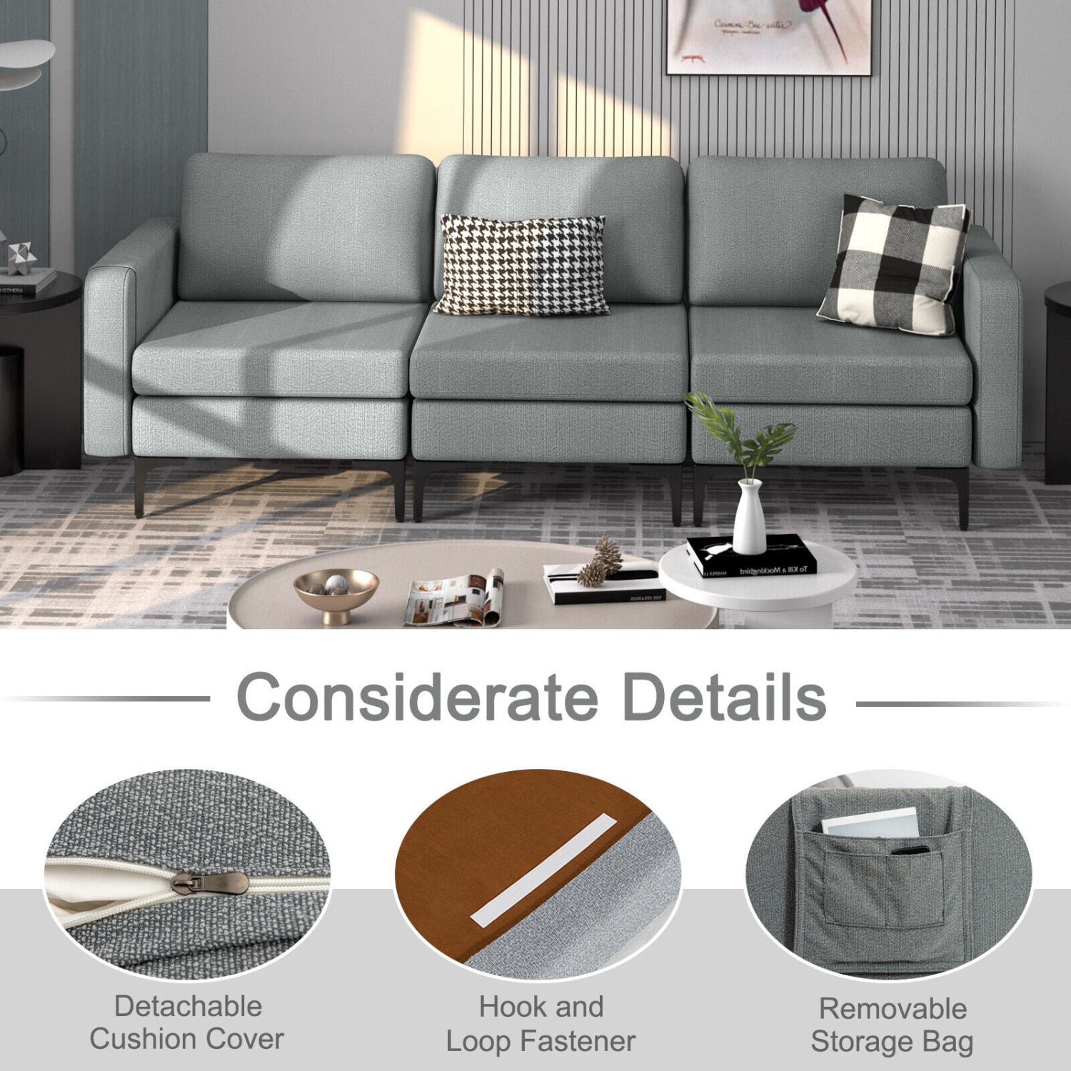 Convertible Leather Sofa Couch with Magazine Pockets 3-Seat with 2 USB Port, Dark Gray Sofas & Loveseats at Gallery Canada