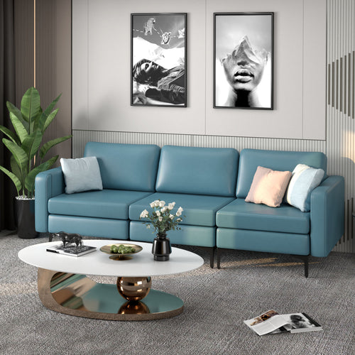 Convertible Leather Sofa, 3-Seat, With USB Ports And Magazine Pockets, Blue