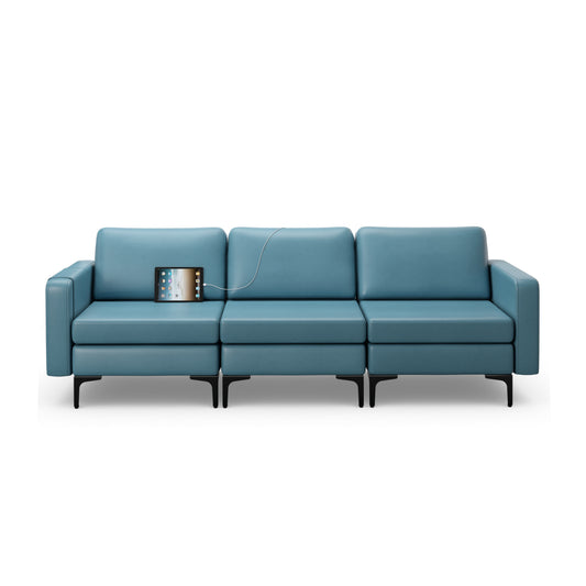 Convertible Leather Sofa, 3-Seat, With USB Ports And Magazine Pockets, Blue Sofas & Loveseats Blue at Gallery Canada