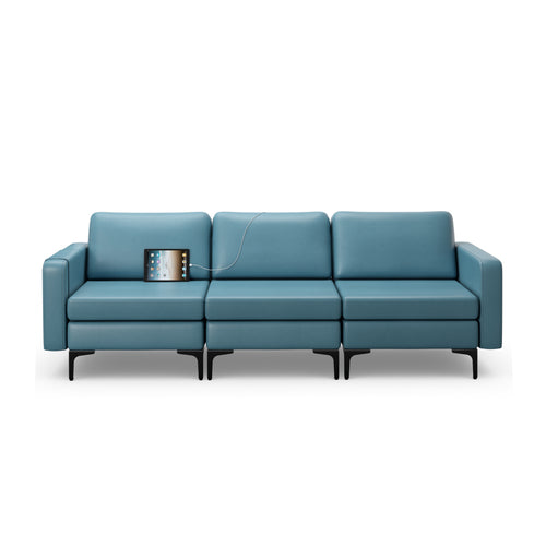 Convertible Leather Sofa, 3-Seat, With USB Ports And Magazine Pockets, Blue