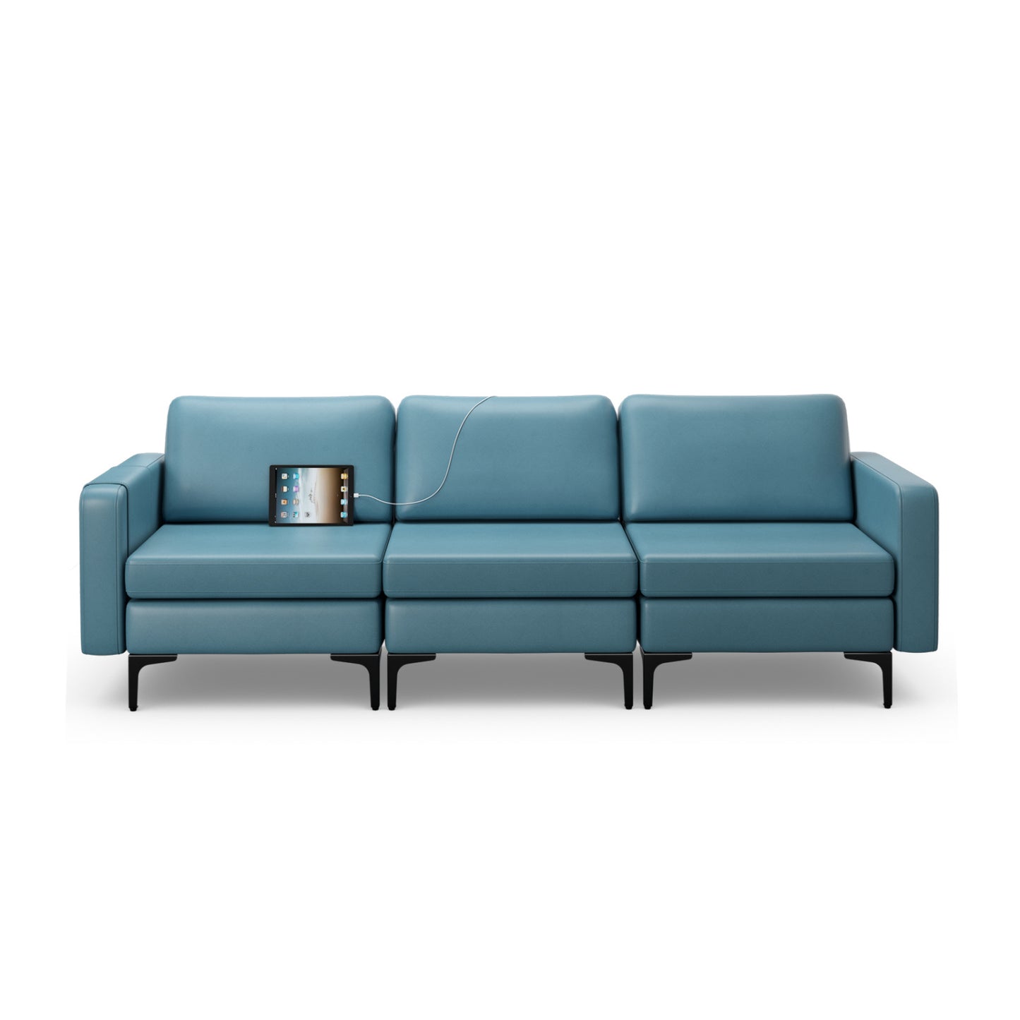 Convertible Leather Sofa, 3-Seat, With USB Ports And Magazine Pockets, Blue Sofas & Loveseats at Gallery Canada