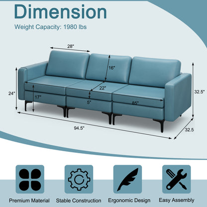 Convertible Leather Sofa, 3-Seat, With USB Ports And Magazine Pockets, Blue Sofas & Loveseats at Gallery Canada