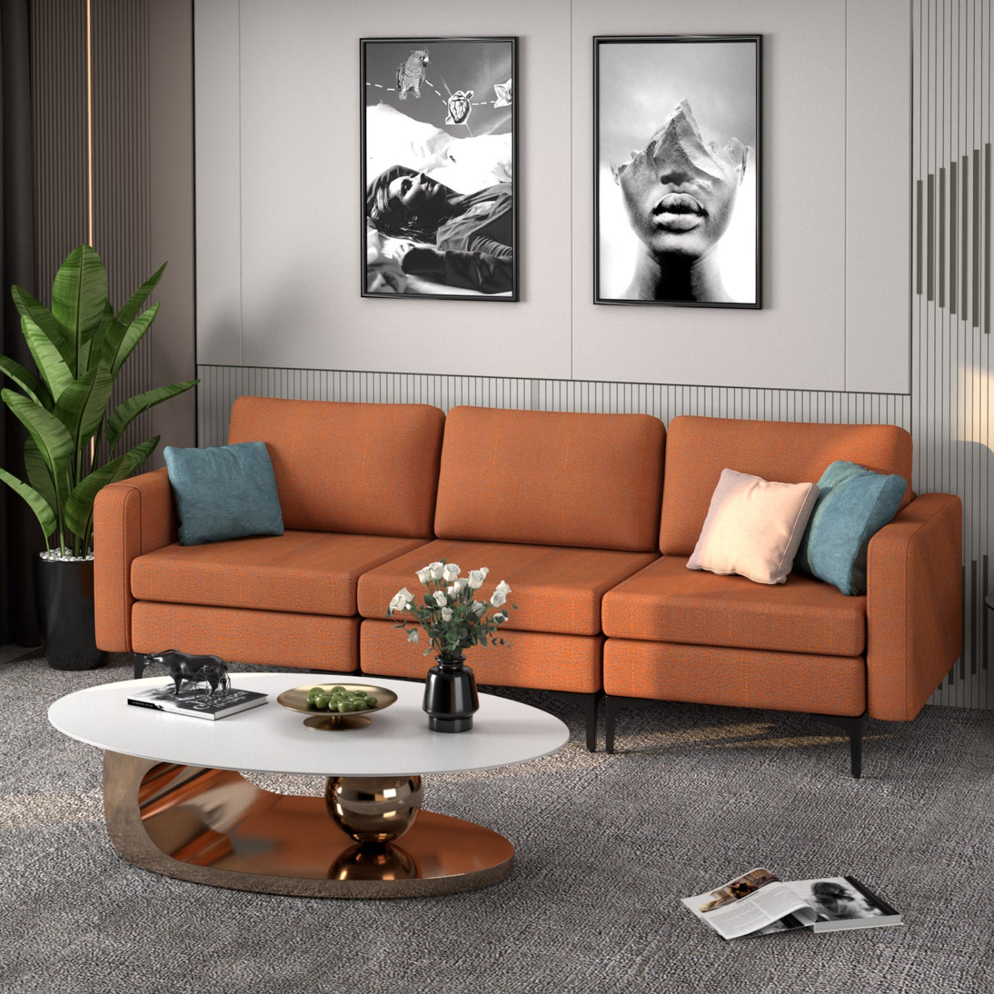 Convertible Leather Sofa Couch, 3-Seat, 2 USB Ports, Orange Sofas & Loveseats at Gallery Canada