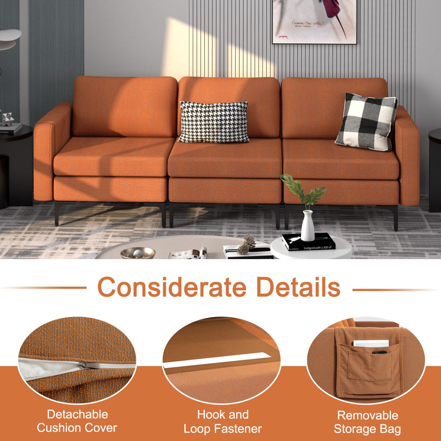 Convertible Leather Sofa Couch, 3-Seat, 2 USB Ports, Orange Sofas & Loveseats at Gallery Canada