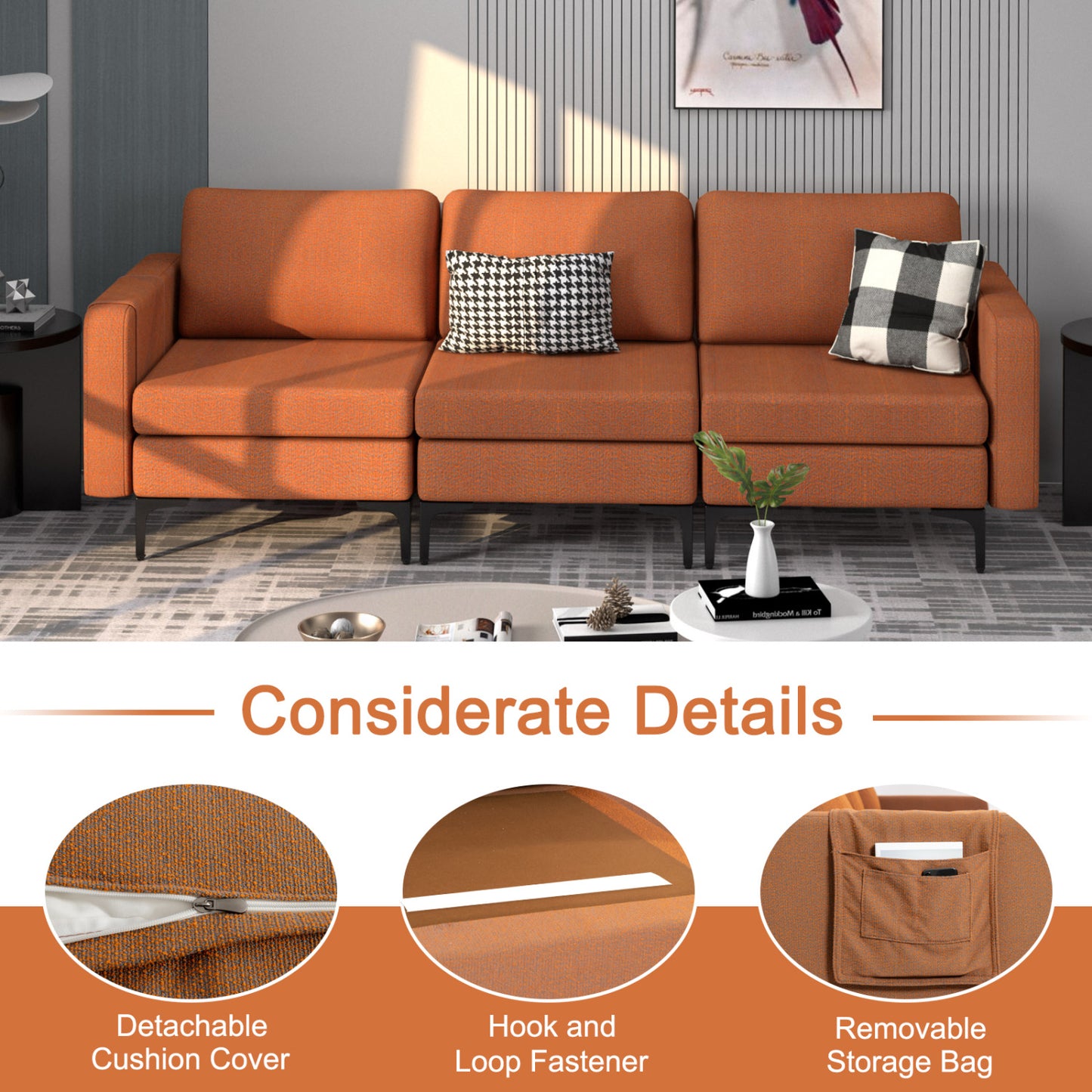 Convertible Leather Sofa Couch, 3-Seat, 2 USB Ports, Orange Sofas & Loveseats at Gallery Canada