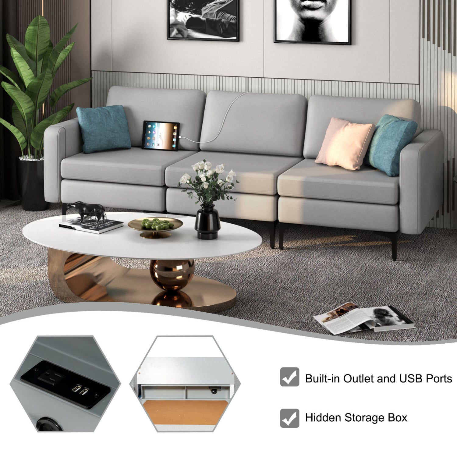 Convertible Leather Sofa Couch, 3-Seat, 2 USB Ports, Light Gray Sofas & Loveseats at Gallery Canada
