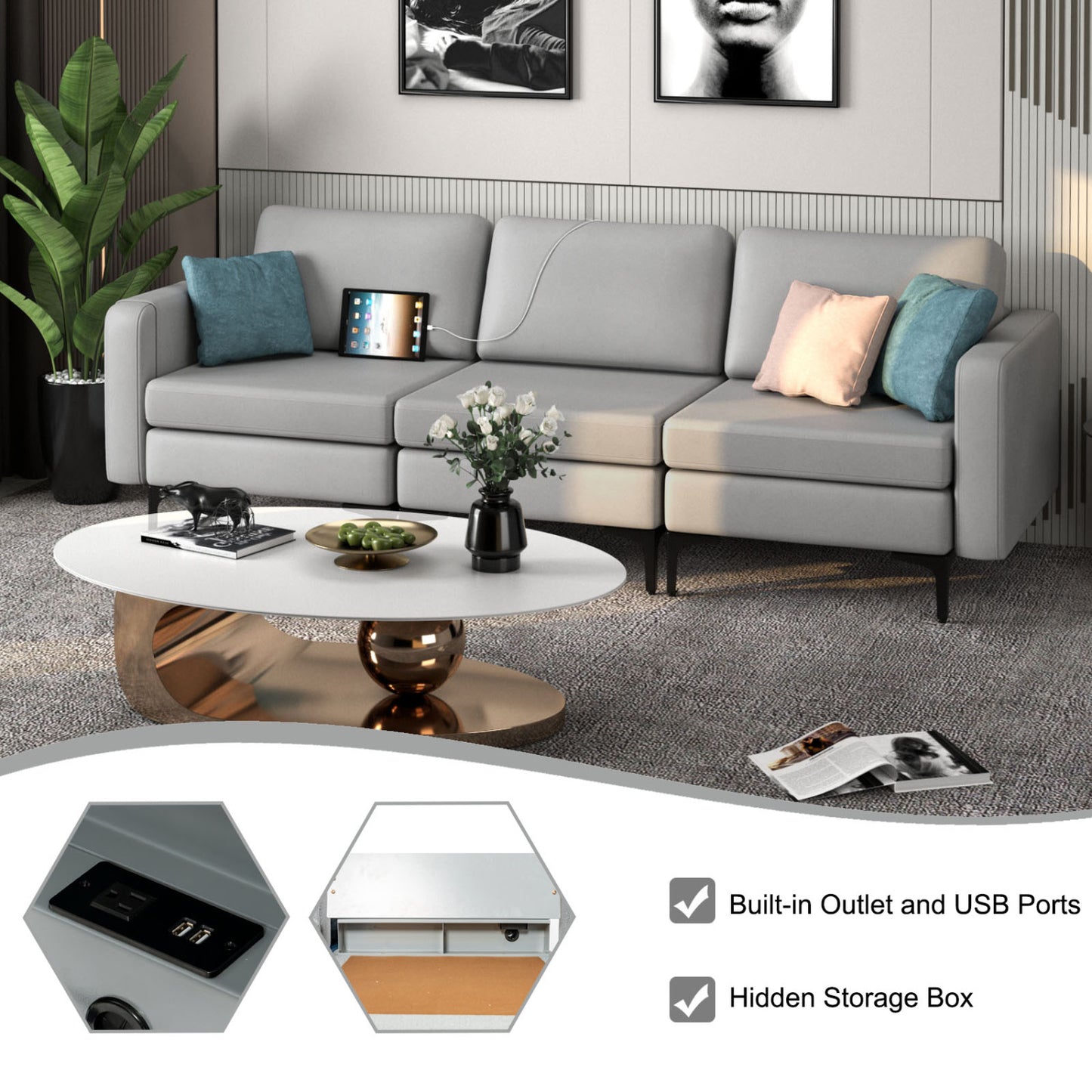 Convertible Leather Sofa Couch, 3-Seat, 2 USB Ports, Light Gray Sofas & Loveseats at Gallery Canada