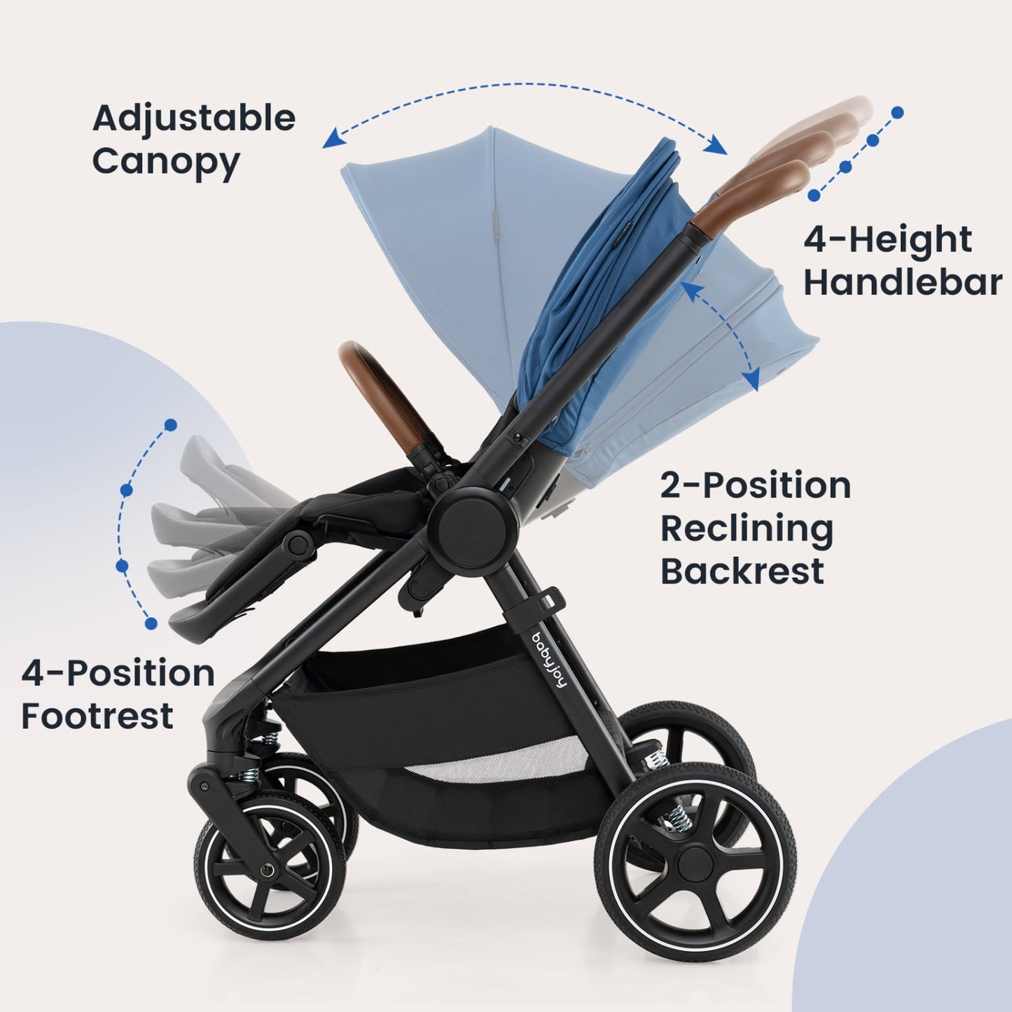 Poussette de voyage convertible pour bébé avec adaptateurs pour siège auto, bleue