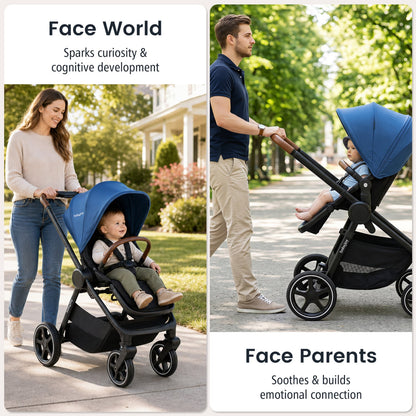 Poussette de voyage convertible pour bébé avec adaptateurs pour siège auto, bleue