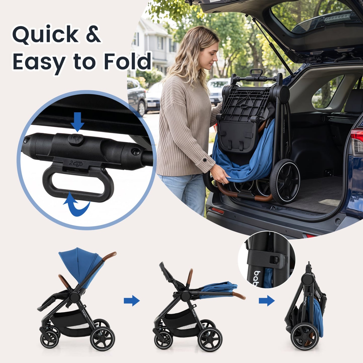 Poussette de voyage convertible pour bébé avec adaptateurs pour siège auto, bleue