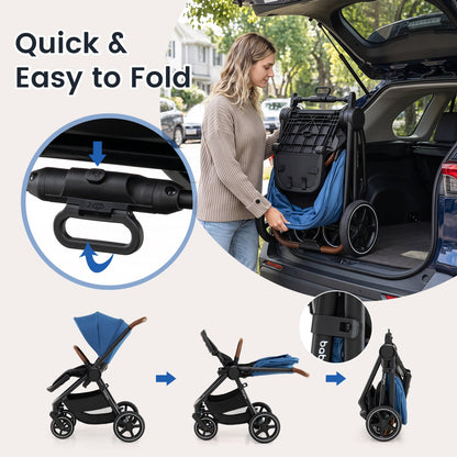 Poussette de voyage convertible pour bébé avec adaptateurs pour siège auto, bleue