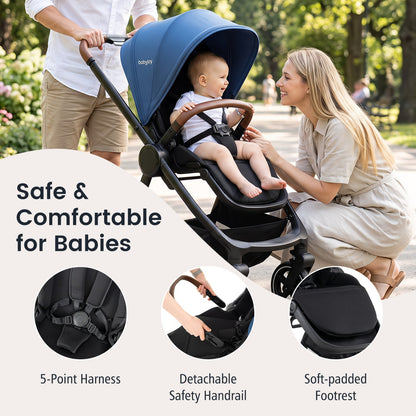 Poussette de voyage convertible pour bébé avec adaptateurs pour siège auto, bleue