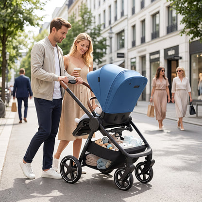 Poussette de voyage convertible pour bébé avec adaptateurs pour siège auto, bleue