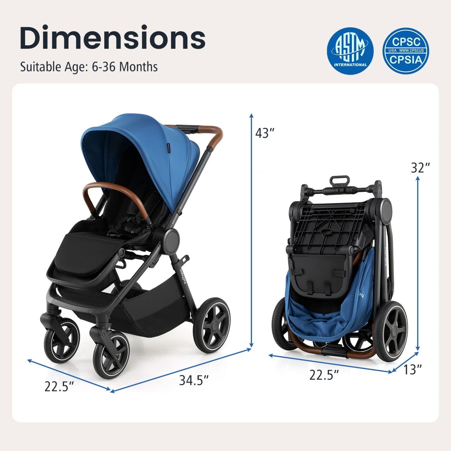 Poussette de voyage convertible pour bébé avec adaptateurs pour siège auto, bleue