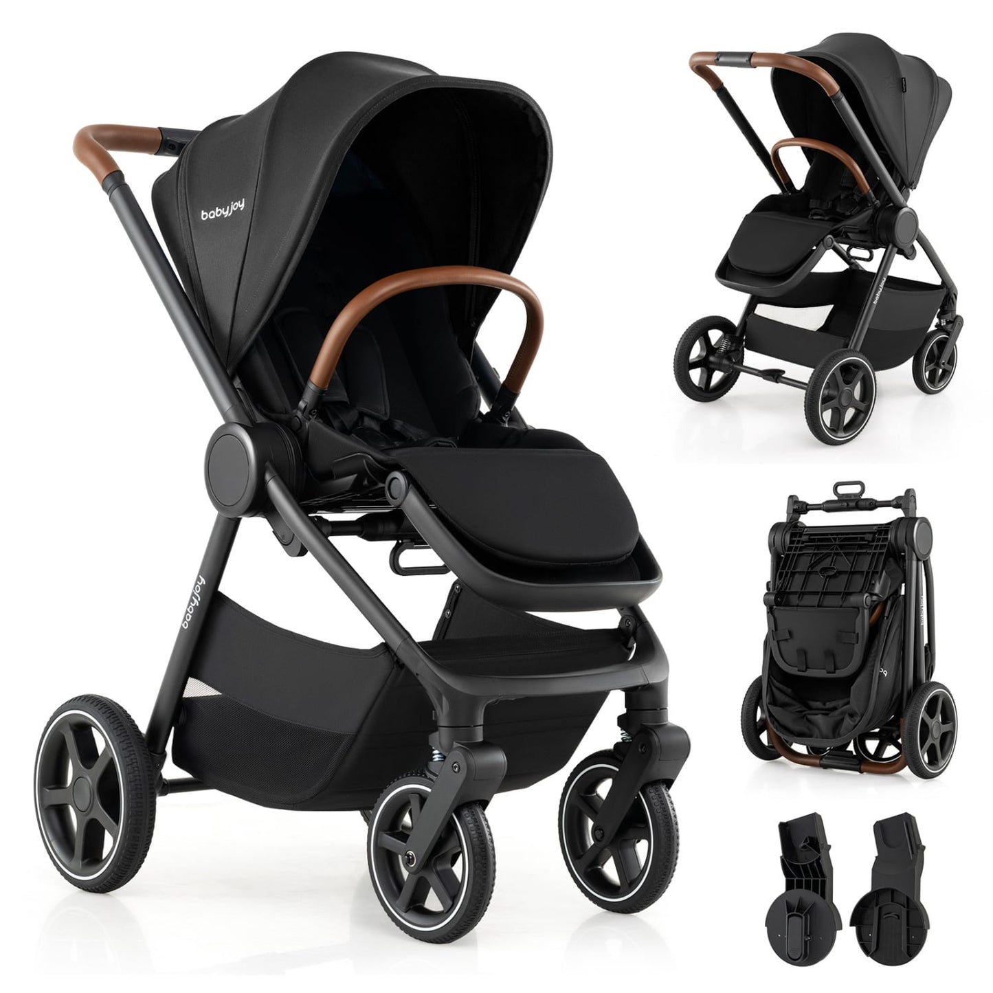Poussette de voyage convertible, adaptateurs de siège auto, noir