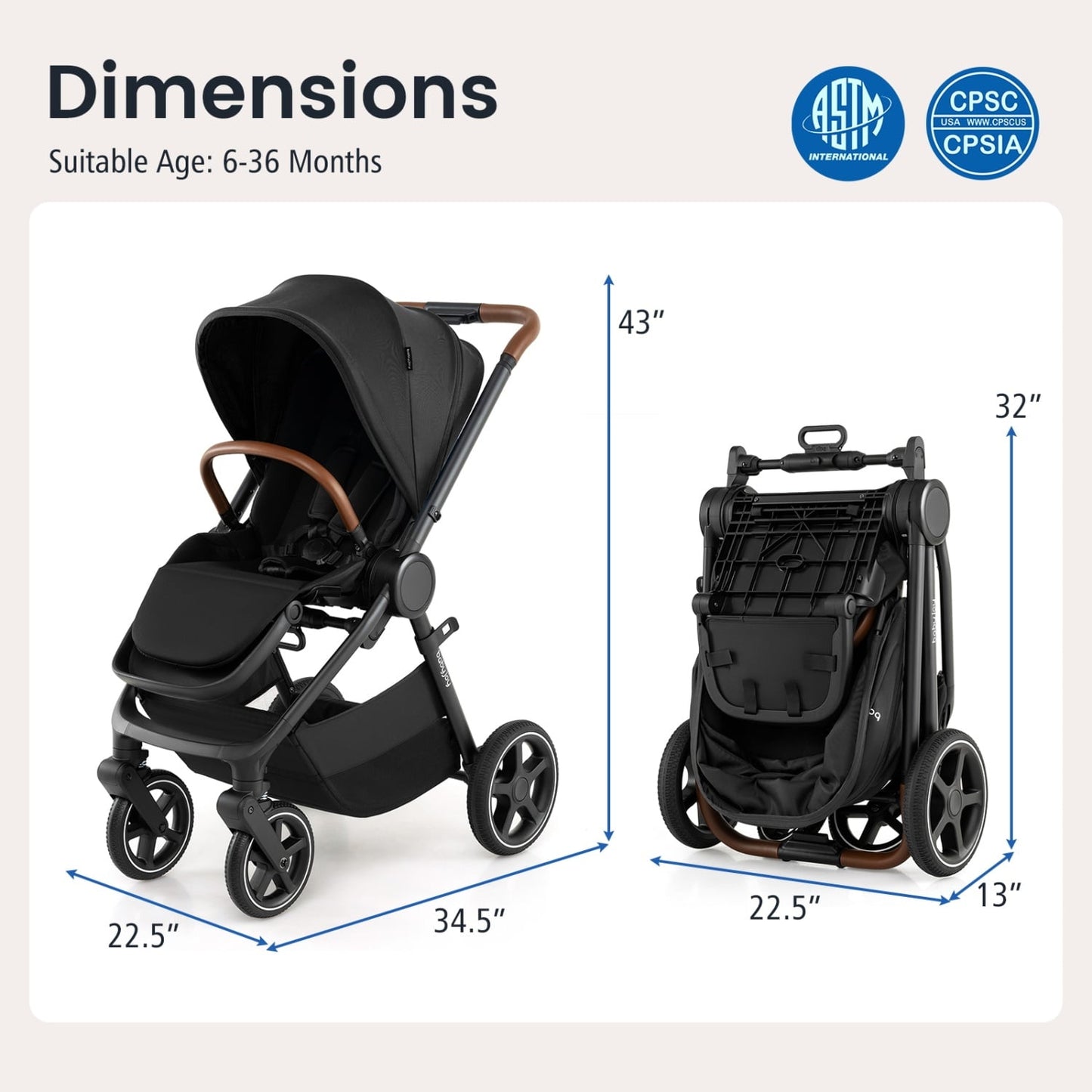 Poussette de voyage convertible, adaptateurs de siège auto, noir