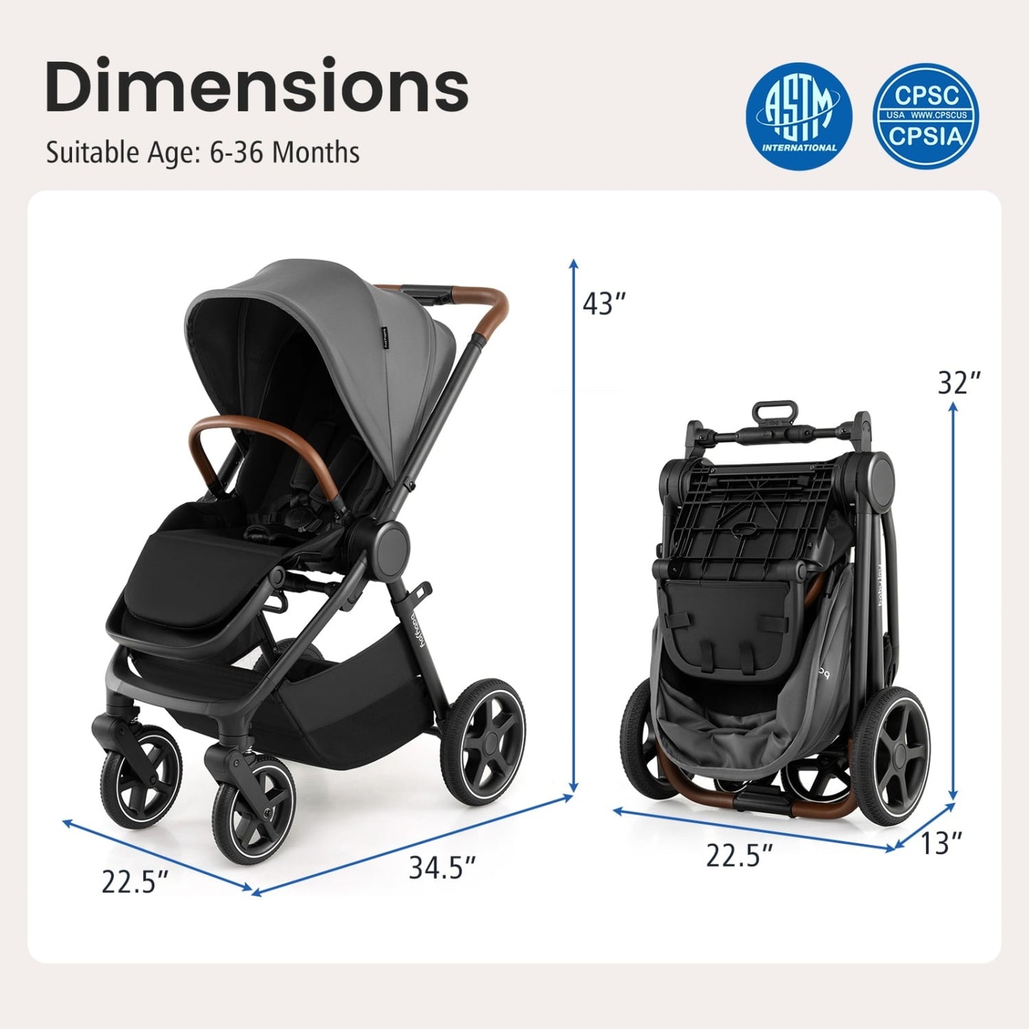 Poussette de voyage convertible pour bébé, grise