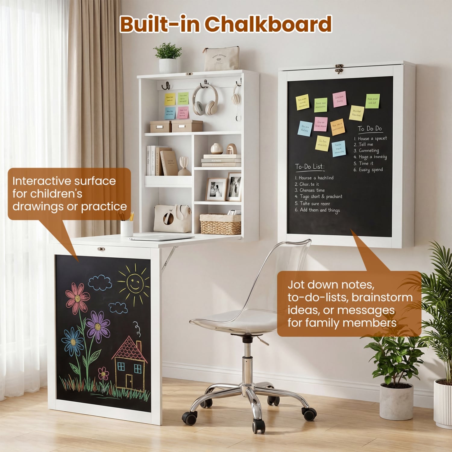 Convertible Wall Mounted Table With Chalkboard, White Laptop Tables & Printer Stands at Gallery Canada