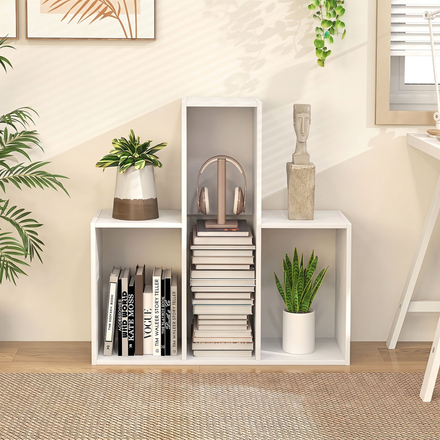 3-Tier Convex Bookshelf, Anti-Topple, White