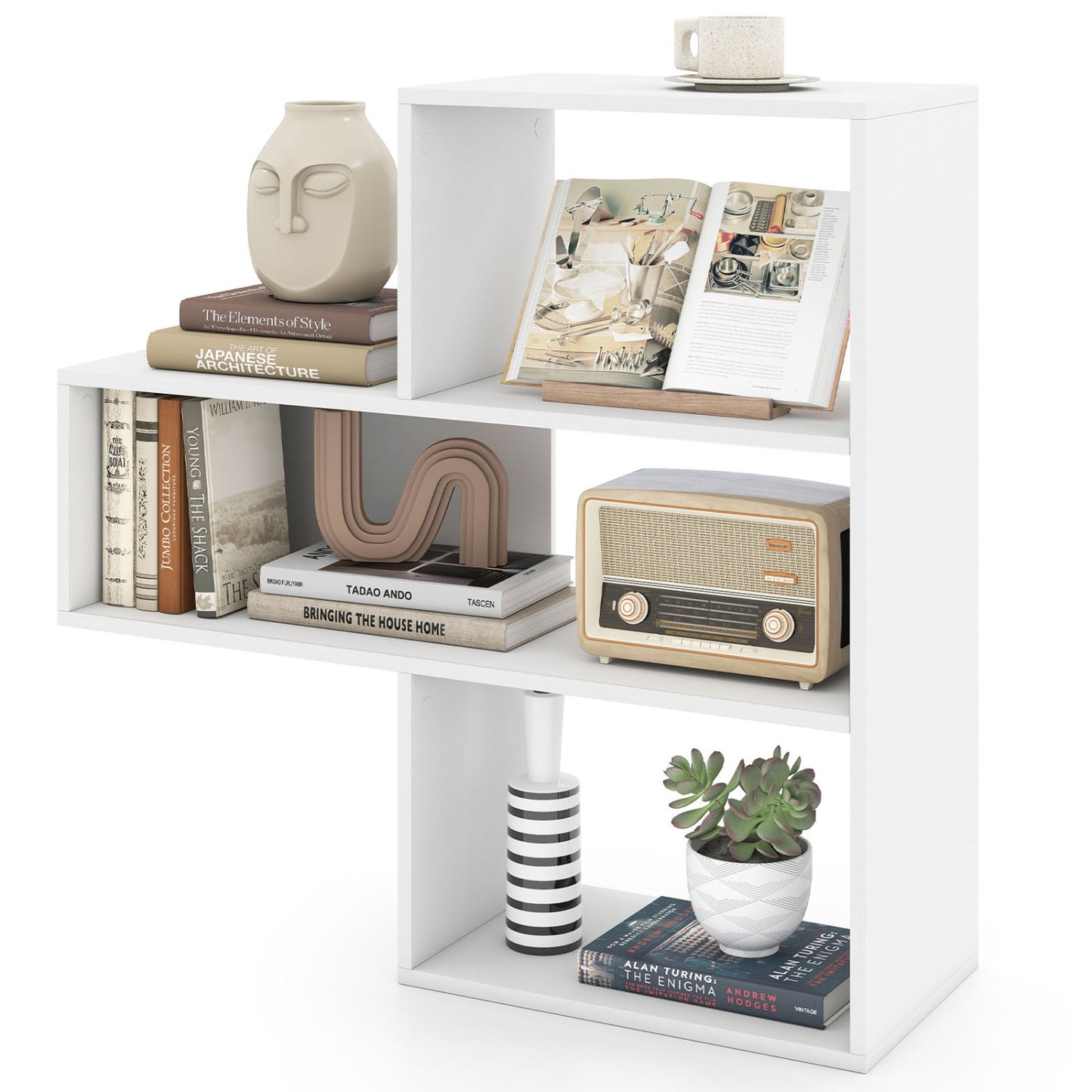 3-Tier Convex Bookshelf, Anti-Topple, White