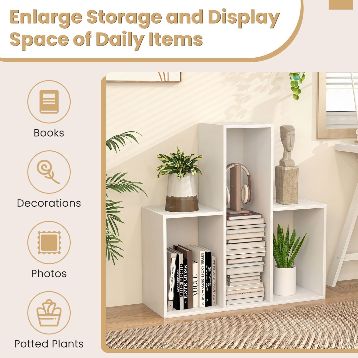 3-Tier Convex Bookshelf, Anti-Topple, White