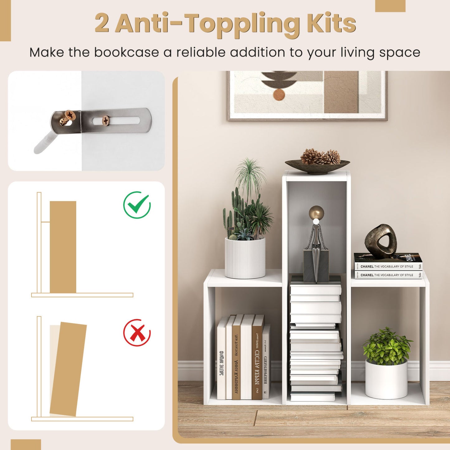 3-Tier Convex Bookshelf, Anti-Topple, White