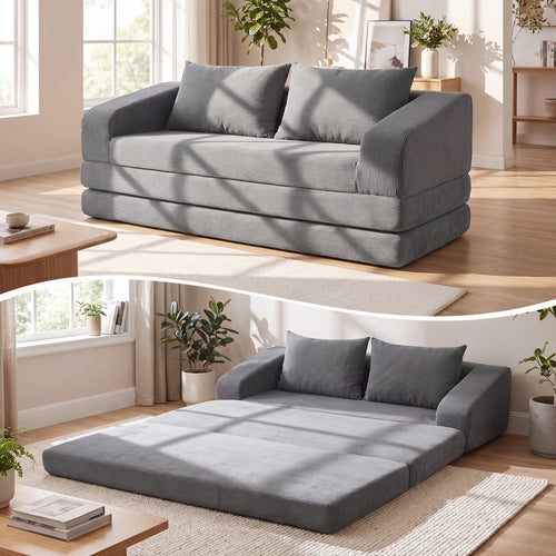 Corduroy Loveseat Sleeper Sofa, 2 Back Cushions, Gray