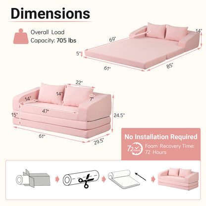 Corduroy Loveseat Sleeper Sofa With 2 Back Cushions, Pink