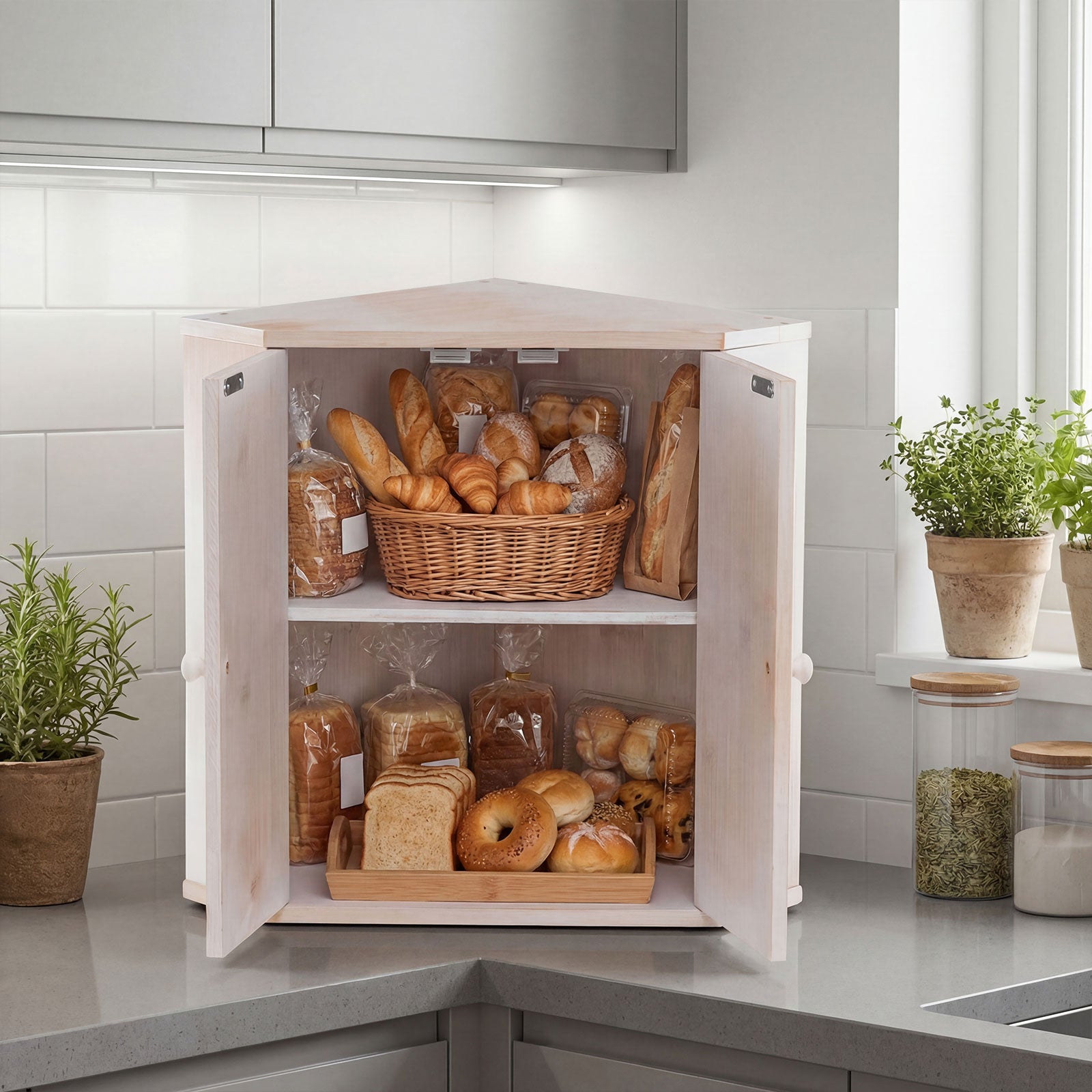 Corner Bread Box for Kitchen Counter Bamboo Double Layer Breadbox Organizer, White Sideboards Cabinets & Buffets at Gallery Canada
