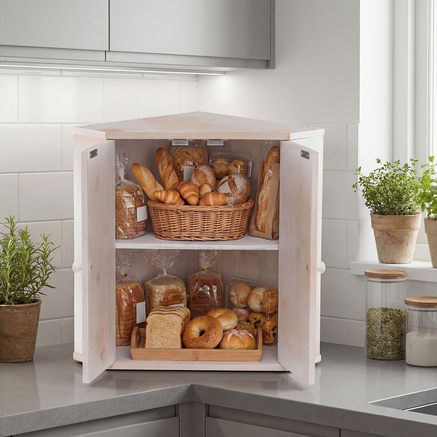Corner Bread Box for Kitchen Counter Bamboo Double Layer Breadbox Organizer, White Sideboards Cabinets & Buffets at Gallery Canada