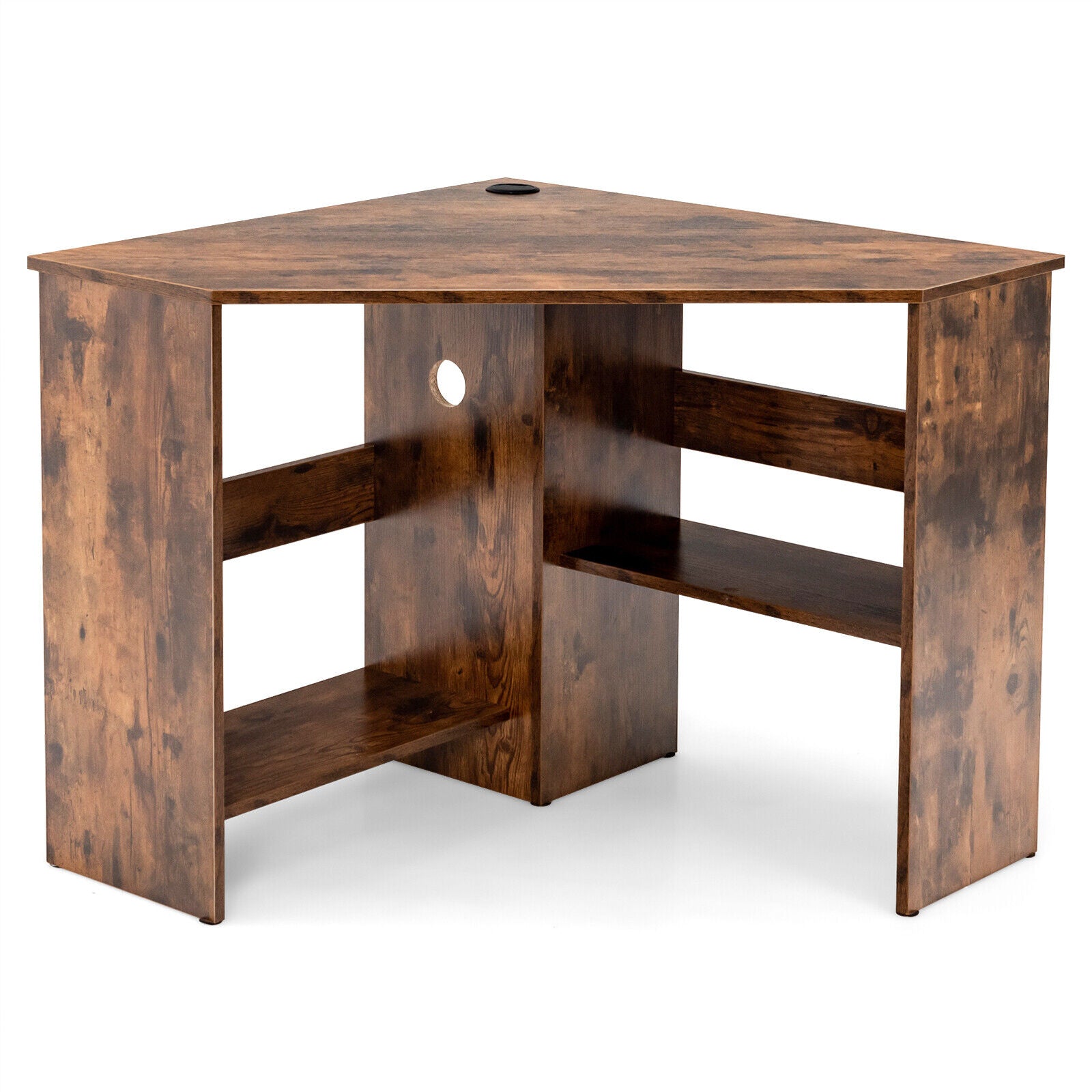 Corner Computer Desk, Triangle Writing Workstation, Storage Shelf, Brown Corner Desks Rustic Brown at Gallery Canada