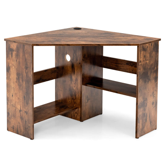 Corner Computer Desk, Triangle Writing Workstation, Storage Shelf, Brown Corner Desks Rustic Brown at Gallery Canada