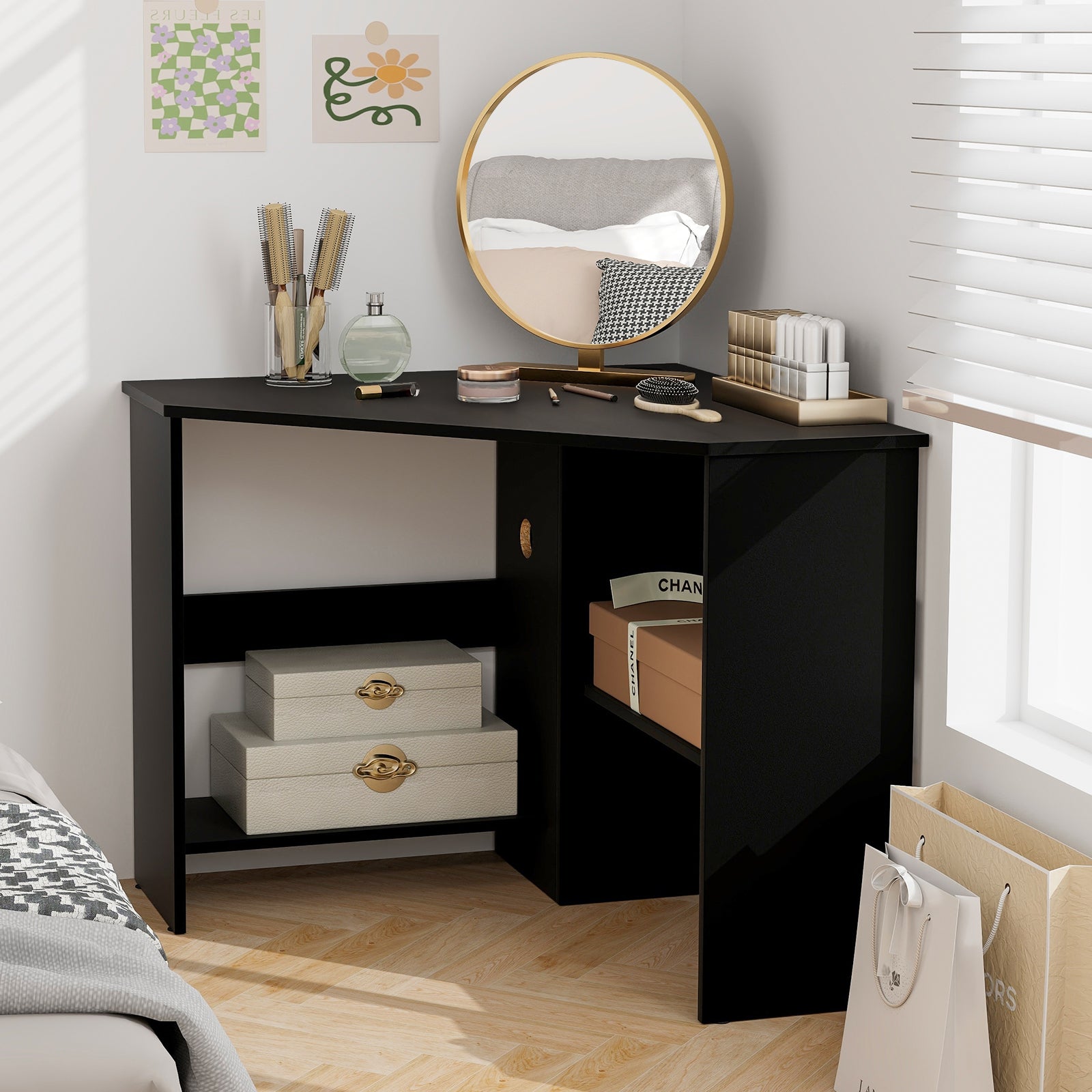 Corner Computer Desk, Triangle Writing Workstation, Storage Shelf, Black Corner Desks at Gallery Canada