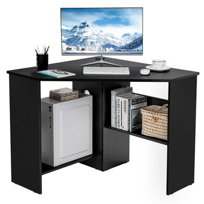 Corner Computer Desk, Triangle Writing Workstation, Storage Shelf, Black Corner Desks at Gallery Canada