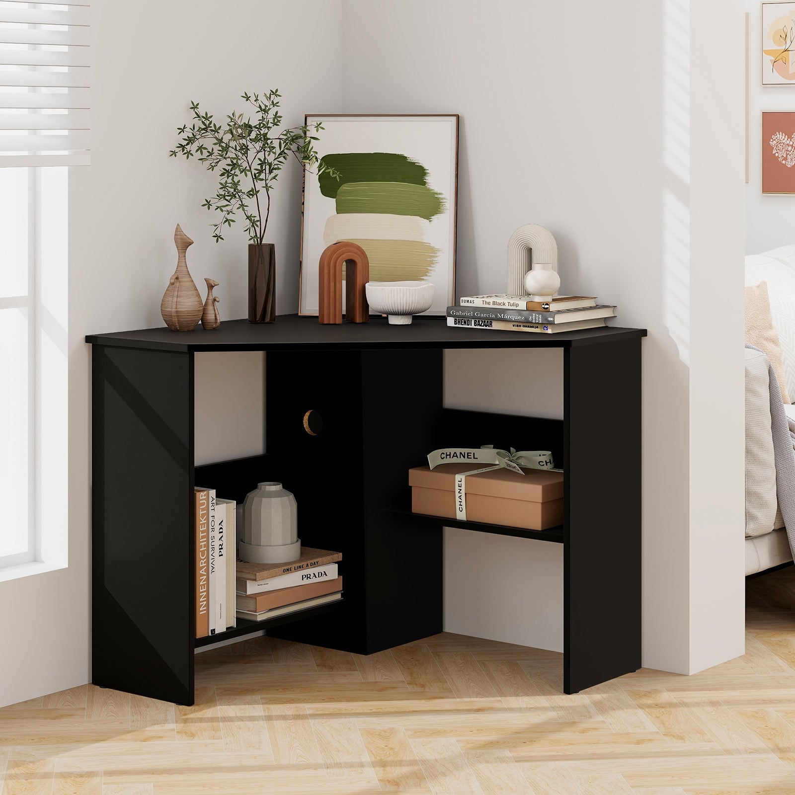 Corner Computer Desk, Triangle Writing Workstation, Storage Shelf, Black Corner Desks at Gallery Canada