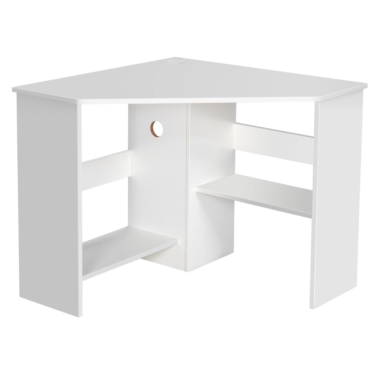 Corner Computer Desk, Triangle Writing Workstation, Storage Shelf, White Corner Desks White at Gallery Canada