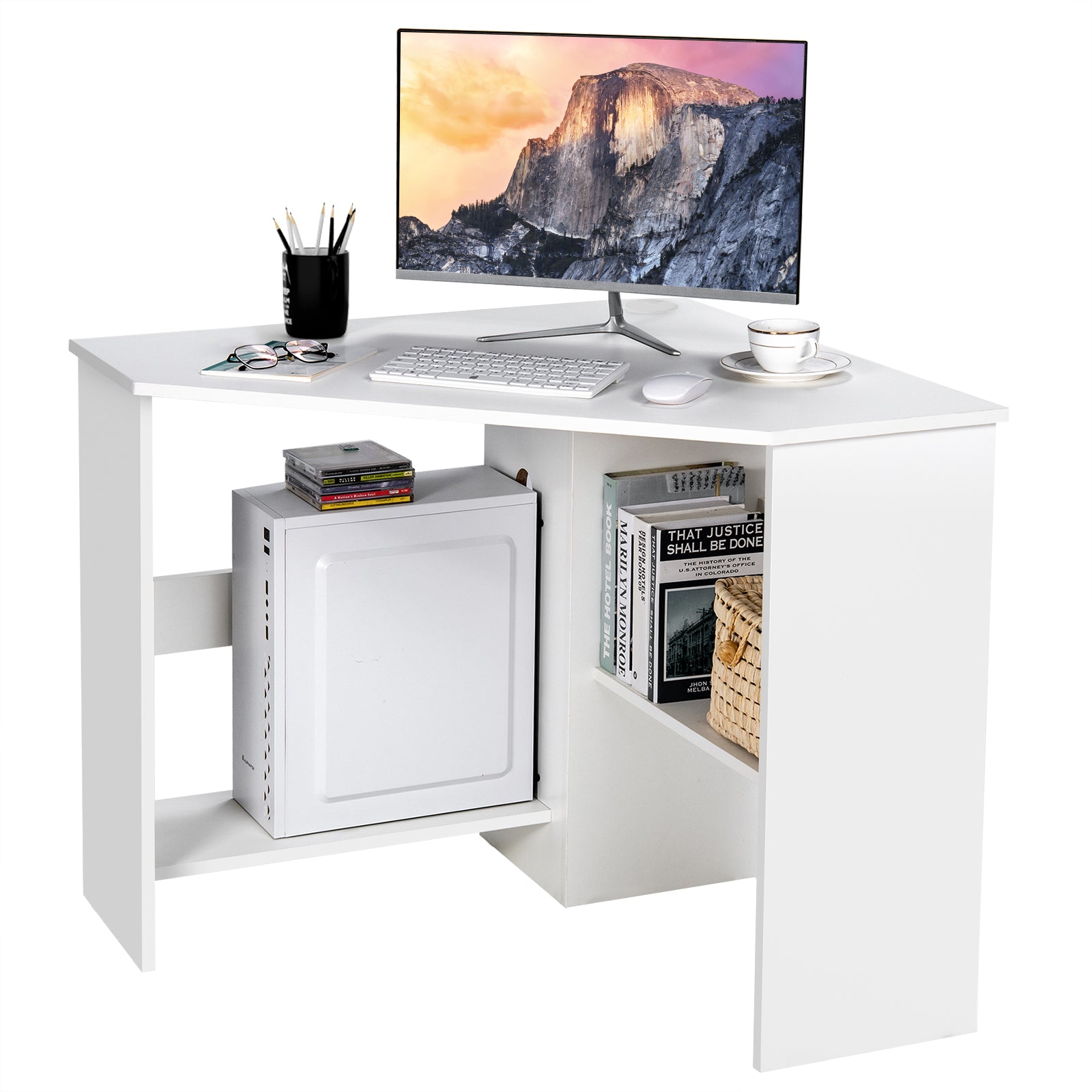 Corner Computer Desk, Triangle Writing Workstation, Storage Shelf, White Corner Desks at Gallery Canada