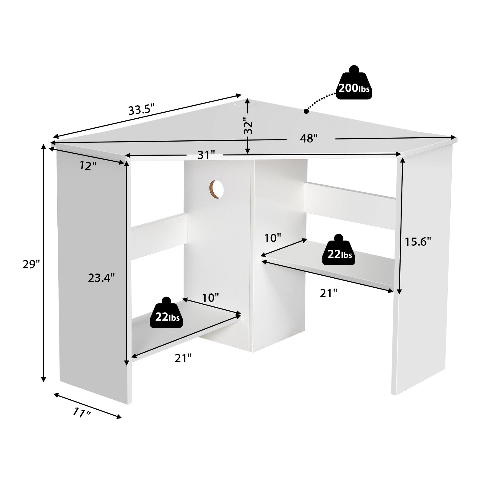 Corner Computer Desk, Triangle Writing Workstation, Storage Shelf, White Corner Desks at Gallery Canada