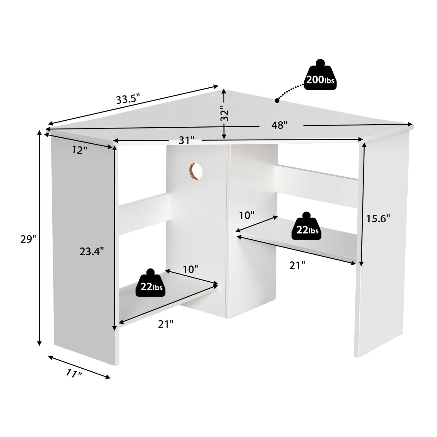 Corner Computer Desk, Triangle Writing Workstation, Storage Shelf, White Corner Desks at Gallery Canada