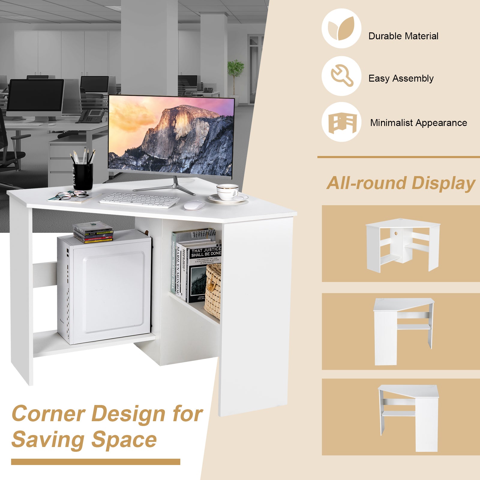 Corner Computer Desk, Triangle Writing Workstation, Storage Shelf, White Corner Desks at Gallery Canada